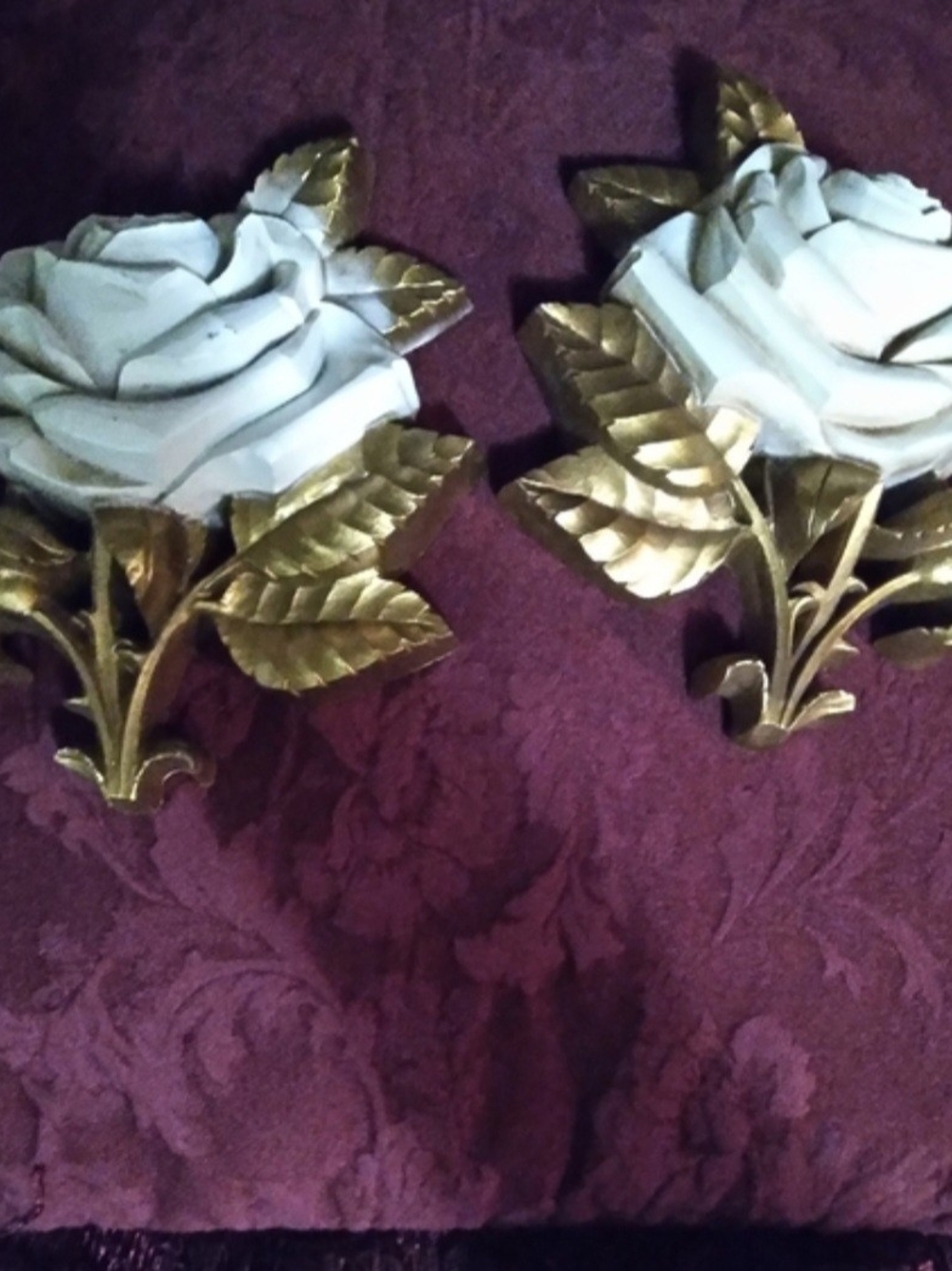 Homco Gold and White Floral Wall Roses – Pair
